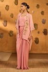 Shop Masaba Pink Crepe Foil Printing Open Neck, Champagne Heartbeat Draped Skirt And Cape Set Online at Aza Fashions Shop_Masaba_Pink Crepe Foil Printing Open Neck, Champagne Heartbeat Draped Skirt And Cape Set _Online_at_Aza_Fashions
