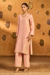 Masaba Pink Chanderi Foil Printing, Embroidery V-neck Baby Crane Dawn Kurta And Pant Set Online at Aza Fashions Masaba_Pink Chanderi Foil Printing, Embroidery V-neck Baby Crane Dawn Kurta And Pant Set _Online_at_Aza_Fashions