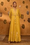 Shop_Masaba_Yellow Georgette Foil Printing, Spiced Ochre Pop Pendant Anarkali And Jacket Set 
