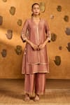 Masaba_Mauve Tissue, Silk Embroidery, Foil Printing, Tassels, Tea Blossom Kurta Set _at_Aza_Fashions