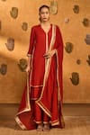 Buy_Masaba_Red Silk, Organza Embroidery, Zari, Gota Patti, Foil Mandarin Sky Kurta Pant Set _at_Aza_Fashions