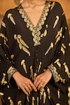 Masaba_Black Crepe, Silk Foil Printing V-neck Cherry Vine Kaftan _at_Aza_Fashions