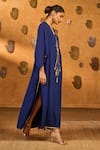 Masaba_Sapphire Crepe Foil Printing V-neck Tribal Whisper Kaftan _Online_at_Aza_Fashions