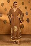 Buy_Masaba_Brown Crepe Zari, Sequins V-neck Mocha Muse Moonfish Kaftan _at_Aza_Fashions