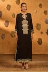 Buy_Masaba_Black Crepe Embroidery, Foil Printing Split V-neck Desert Muse Kaftan _at_Aza_Fashions