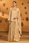 Buy_Masaba_Beige Silk, Organza Foil Printing, Gota Oatmeal Crane Dawn Kurta Skirt Set _at_Aza_Fashions