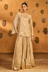 Buy_Masaba_Beige Silk, Organza Foil Printing, Gota Oatmeal Crane Dawn Kurta Skirt Set 