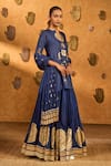 Buy_Masaba_Sapphire Silk Foil Printing, Zari V-neck Moonfish Kurta Skirt Set_Online_at_Aza_Fashions