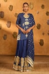 Shop_Masaba_Sapphire Silk Foil Printing, Zari V-neck Moonfish Kurta Skirt Set