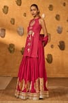 Masaba_Red Silk Foil Printing, Tassels Halter Neck Raspberry Moonfish Kurta Skirt Set _Online_at_Aza_Fashions