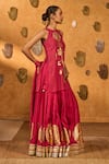 Shop_Masaba_Red Silk Foil Printing, Tassels Halter Neck Raspberry Moonfish Kurta Skirt Set _Online_at_Aza_Fashions