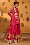Masaba_Red Silk Foil Printing, Tassels Halter Neck Raspberry Moonfish Kurta Skirt Set _at_Aza_Fashions