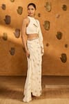 Masaba_Ivory Crepe, Silk Foil Printing, Soft Lantern Sticthed Saree With Blouse _at_Aza_Fashions