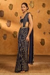 Buy_Masaba_Navy Georgette, Silk Foil Printing, Snow Light Pre-stitched Saree With Blouse _Online_at_Aza_Fashions