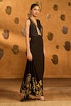 Masaba_Black Silk, Georgette Foil Printing, Zen Stitched Pre-draped Saree And Jacket Set _at_Aza_Fashions