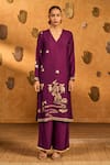 Buy_Masaba_Burgundy Silk Embroidery, Foil Printing Berry Still Water Bloom Kurta And Pant Set _at_Aza_Fashions