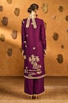 Shop_Masaba_Burgundy Silk Embroidery, Foil Printing Berry Still Water Bloom Kurta And Pant Set _at_Aza_Fashions