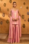 Buy Masaba Pink Silk, Organza Foil Printing V-neck Champagne Tribal Whisper Sharara Set at Aza Fashions Buy_Masaba_Pink Silk, Organza Foil Printing V-neck Champagne Tribal Whisper Sharara Set _at_Aza_Fashions