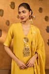 Masaba_Yellow Chanderi, Silk Embroidery, Foil Spiced Ochre Gilded Kettle Kurta Set _Online_at_Aza_Fashions
