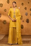 Buy_Masaba_Yellow Chanderi, Silk Embroidery, Foil Spiced Ochre Gilded Kettle Kurta Set _at_Aza_Fashions