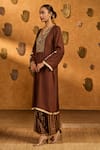 Masaba_Brown Silk Embroidery, Gota Patti V-neck Sepia Cherry Vine Kurta And Pant Set _Online_at_Aza_Fashions