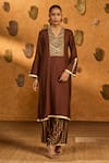 Buy_Masaba_Brown Silk Embroidery, Gota Patti V-neck Sepia Cherry Vine Kurta And Pant Set _at_Aza_Fashions