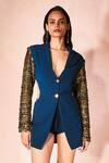 Buy_Nirmooha_Blue Sequins V-neck, Collared Midnight Majesty Blazer Dress _Online_at_Aza_Fashions