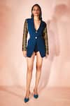Nirmooha_Blue Sequins V-neck, Collared Midnight Majesty Blazer Dress _at_Aza_Fashions