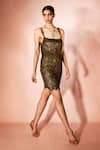 Nirmooha_Gold Tulle Embroidery, Sequins Square Neck Peacock Bodycon Dress _Online_at_Aza_Fashions