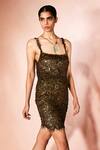 Buy_Nirmooha_Gold Tulle Embroidery, Sequins Square Neck Peacock Bodycon Dress _Online_at_Aza_Fashions