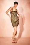 Buy_Nirmooha_Gold Tulle Embroidery, Sequins Square Neck Peacock Bodycon Dress _at_Aza_Fashions