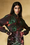Nirmooha_Multi Color Crepe, Velvet Collared Flame Print Skirt Set _Online_at_Aza_Fashions