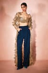 Buy_Nirmooha_Gold Tulle Applique, Embroidery Open Neck, Sweetheart Horizon Shurg And Pant Set _Online_at_Aza_Fashions