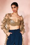 Shop_Nirmooha_Gold Tulle Applique, Embroidery Open Neck, Sweetheart Horizon Shurg And Pant Set _Online_at_Aza_Fashions