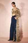Nirmooha_Gold Tulle Applique, Embroidery Open Neck, Sweetheart Horizon Shurg And Pant Set _at_Aza_Fashions