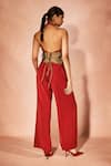 Shop_Nirmooha_Red Embroidery Halter Neck Flame Orange Jumpsuit With Belt _at_Aza_Fashions