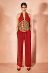 Buy_Nirmooha_Red Embroidery Halter Neck Flame Orange Jumpsuit With Belt _at_Aza_Fashions
