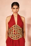 Nirmooha_Red Embroidery Halter Neck Flame Orange Jumpsuit With Belt _Online_at_Aza_Fashions