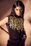 Nirmooha_Purple Velvet, Mesh, Microfiber Embroidery High Neck, Sheer Top And Pant Set _Online_at_Aza_Fashions