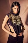Buy_Nirmooha_Purple Velvet, Mesh, Microfiber Embroidery High Neck, Sheer Top And Pant Set _Online_at_Aza_Fashions