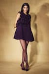 Shop_Nirmooha_Purple Microfiber Ruffles, Embroidery Round Neck Plum Shift Dress _Online_at_Aza_Fashions