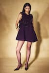 Buy_Nirmooha_Purple Microfiber Ruffles, Embroidery Round Neck Plum Shift Dress _at_Aza_Fashions
