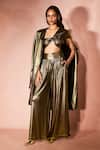 Buy_Nirmooha_Gold One Shoulder The Alchemy Long Trench Coat And Pant Set _at_Aza_Fashions