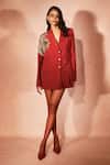 Buy_Nirmooha_Red Microfiber Embroidery, Beads, Sequins V-neck Firewalk Blazer Dress _at_Aza_Fashions
