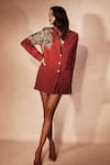 Nirmooha_Red Microfiber Embroidery, Beads, Sequins V-neck Firewalk Blazer Dress _Online_at_Aza_Fashions