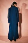 Shop_Nirmooha_Navy Georgette, Microfiber Embroidery Midnight Blue Trench Coat And Shorts Set _at_Aza_Fashions