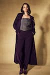 Nirmooha_Purple Crepe Embroidery, Beads Bandeau Neck Eclipse Trench Coat Pant Set _Online_at_Aza_Fashions