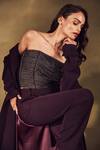 Buy_Nirmooha_Purple Crepe Embroidery, Beads Bandeau Neck Eclipse Trench Coat Pant Set _Online_at_Aza_Fashions