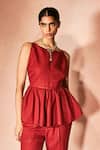 Shop_Nirmooha_Red Linen Boat Neck Flame Orange Peplum Top And Pant Set _Online_at_Aza_Fashions