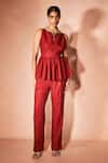 Buy_Nirmooha_Red Linen Boat Neck Flame Orange Peplum Top And Pant Set _at_Aza_Fashions